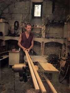 Bhavasindhu-pota constructs new farm buildings at ISKCON's New Mayapur Farm in France. 1976.